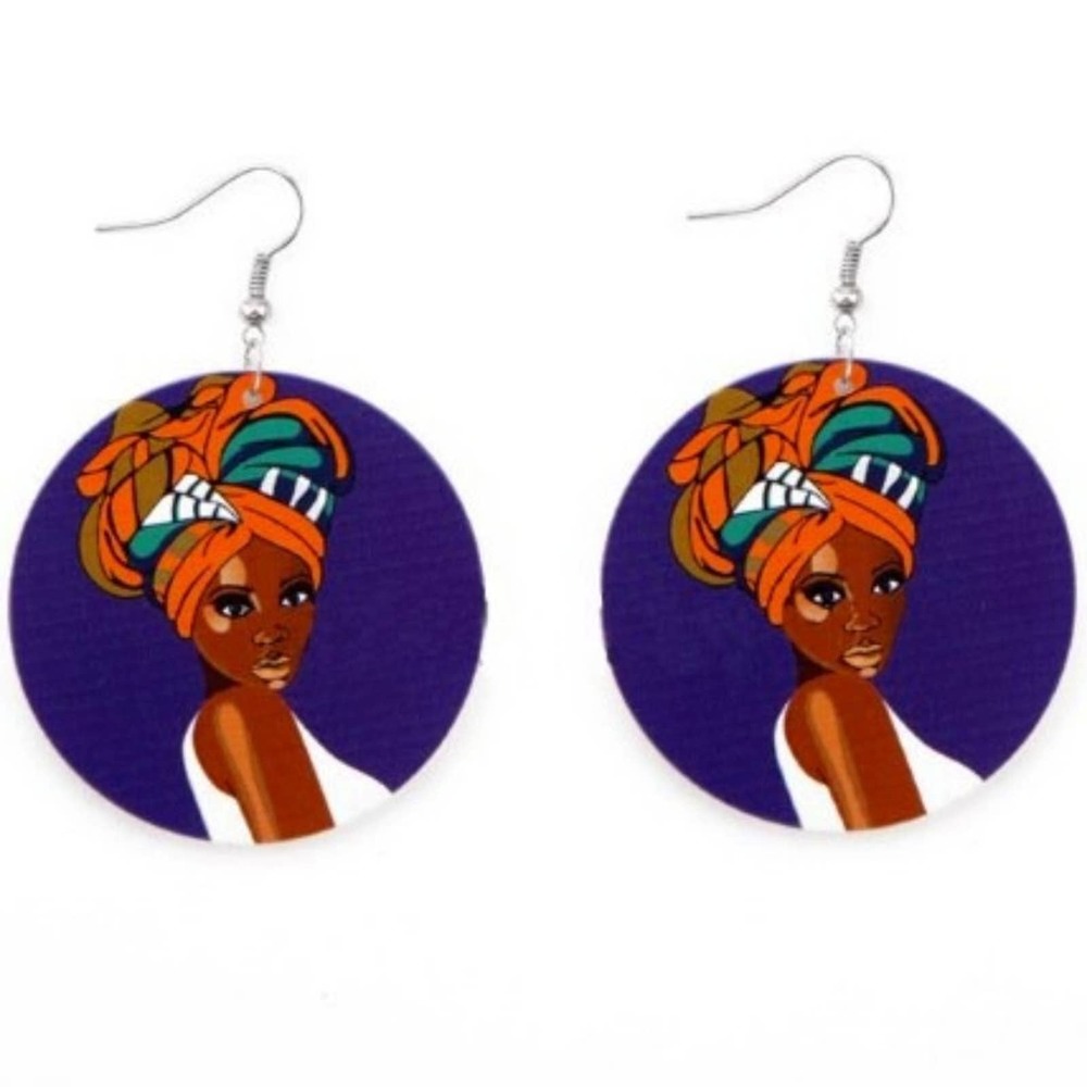 Beautiful African Woman with Headdress Wooden Earrings‎